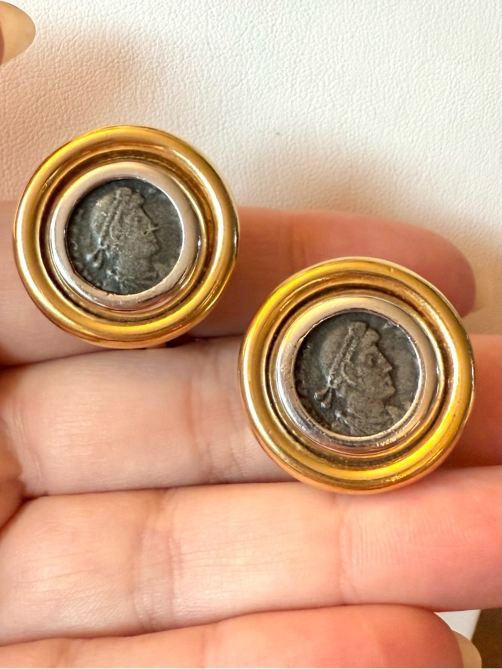Vintage Ciner Mixed Metals Blackened Roman Coin Earrings Clip Earrings Etruscan